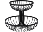 Black two-tier wire fruit basket on a black background.