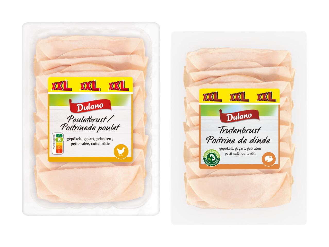 Verpackungen mit geschnittenem Hähnchen- und Putenbrust von Dulano.