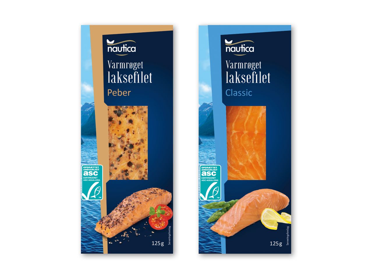 To pakker varmrøget laksefilet, en med peber og en klassisk variant, begge 125g.