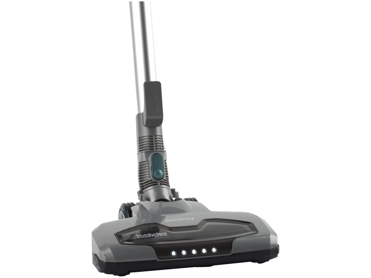 Grey vacuum cleaner head with a silver handle, featuring a motorized floor brush and LED lights.