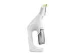 White handheld garment steamer with a grey water tank and yellow accents on the nozzle.