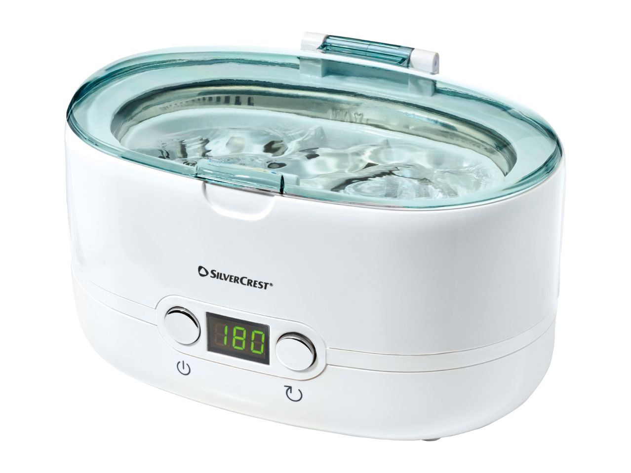 White ultrasonic cleaner with a digital display showing 180 and a transparent blue lid