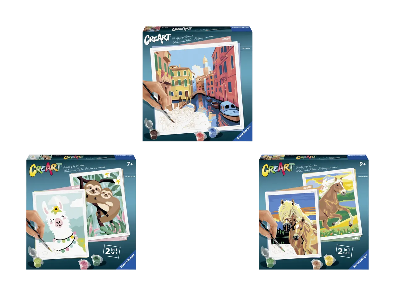 Drei Malen-nach-Zahlen-Sets mit Venedig-, Lama/Faultier- und Pferde-Motiven.