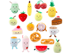 A collection of plush foodies including fruits, desserts, and drinks.