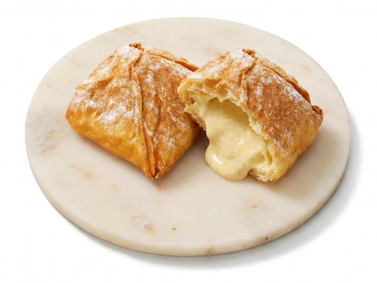 Două produse de patiserie cu cremă de vanilie, pudrate cu zahăr, pe o placă de marmură.