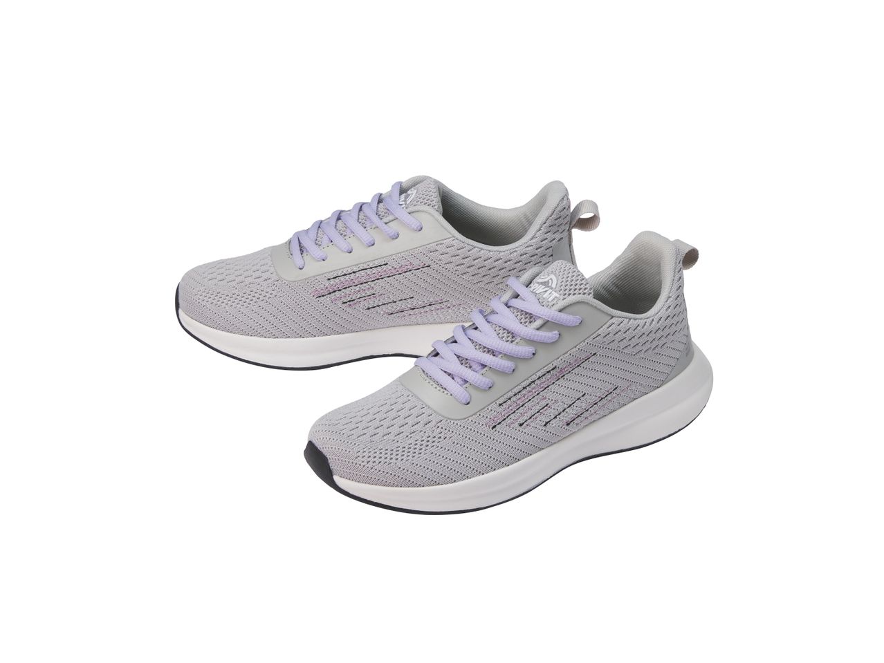 Scarpe da ginnastica grigie con lacci lilla.