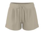 Light beige women's shorts with a drawstring waist and rounded hem.