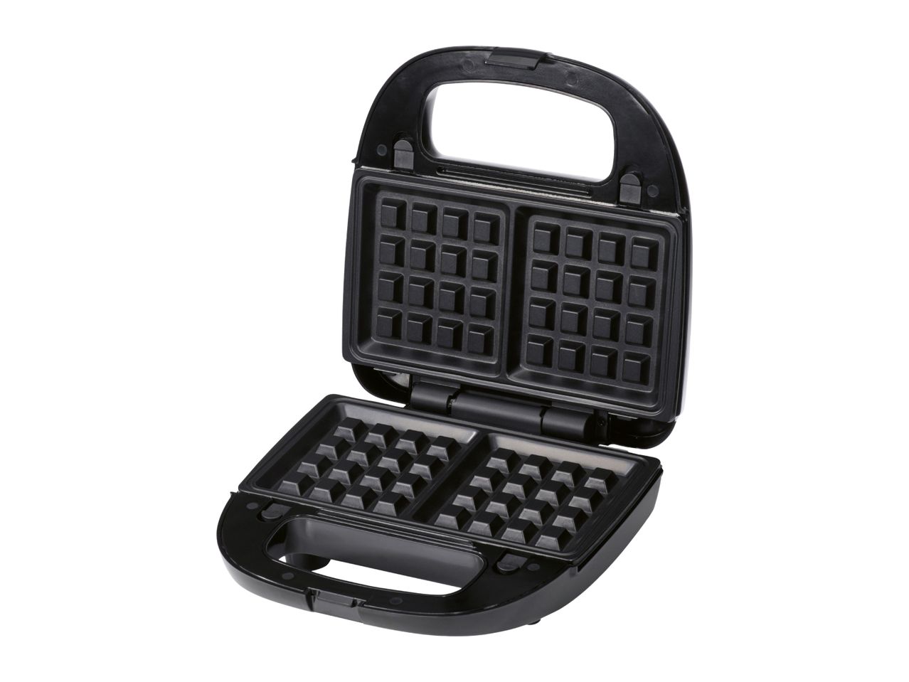 Open black waffle maker with square grids, ready for use.
