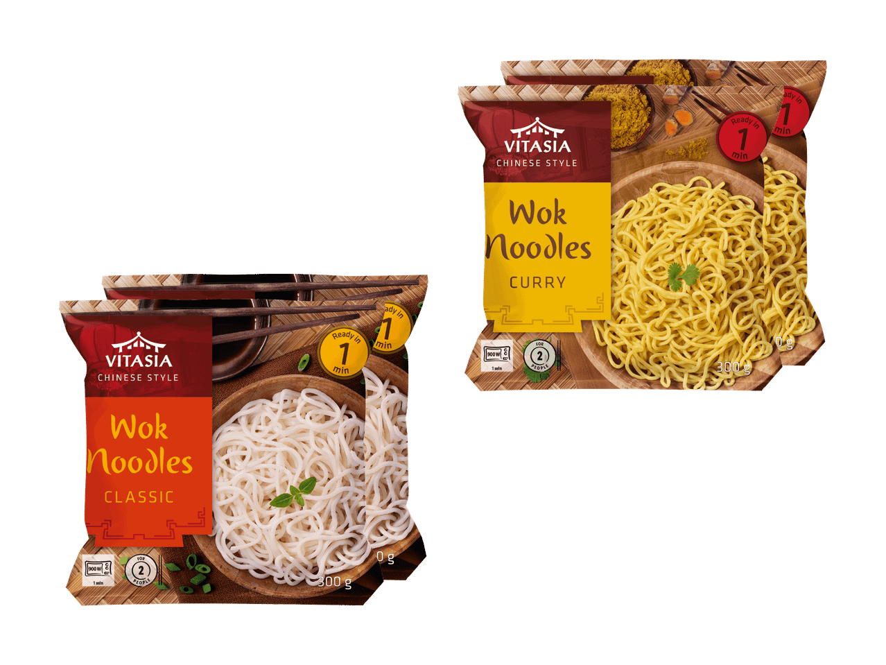 Deux paquets de nouilles wok aux saveurs classique et curry.