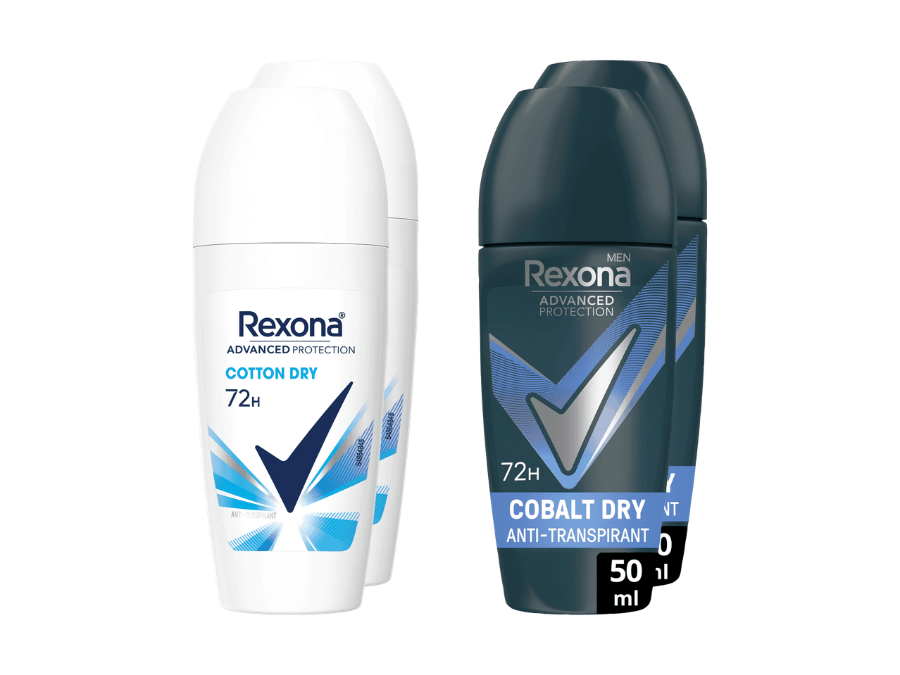 Rexona Advanced Protection Cotton Dry und Cobalt Dry Deodorants, 72 Stunden Schutz.