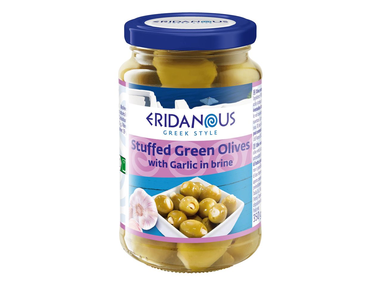 Un bocal de Kalamata olives vertes en saumure de Kridianos.