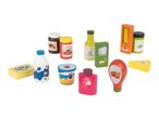 A collection of wooden toy food items, including milk, jam, pasta, and condiments.