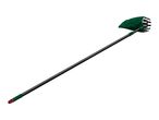 Fruit picker with a long black handle and a green collection bag with metal prongs.