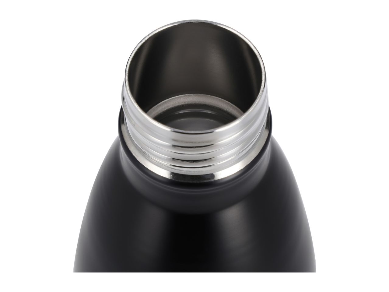 Close-up of the open neck of a black stainless steel water bottle