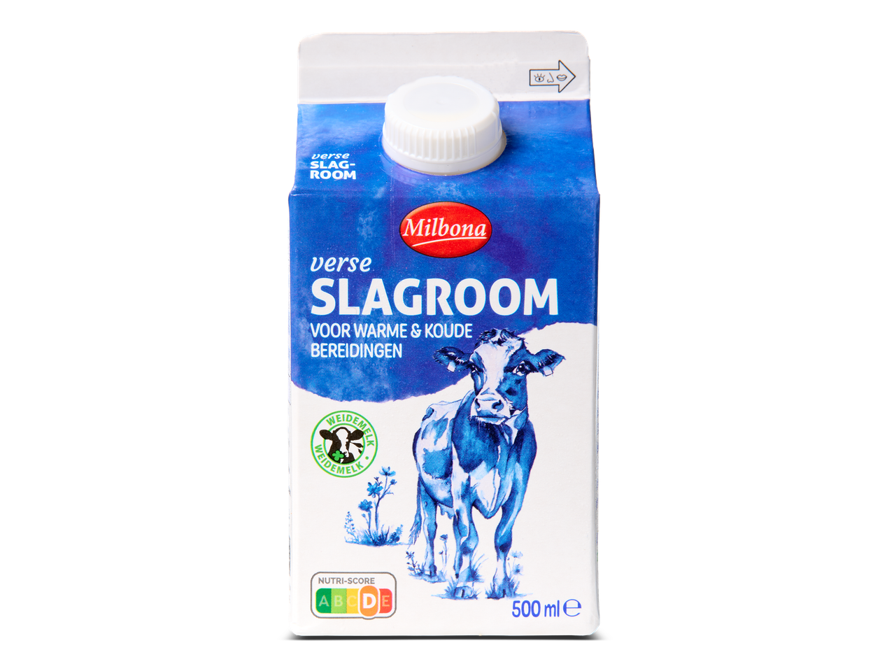Een pak verse slagroom van 500 ml met een afbeelding van een koe.
