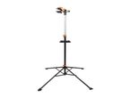 Bicycle repair stand with adjustable clamp and tool tray on a tripod base.