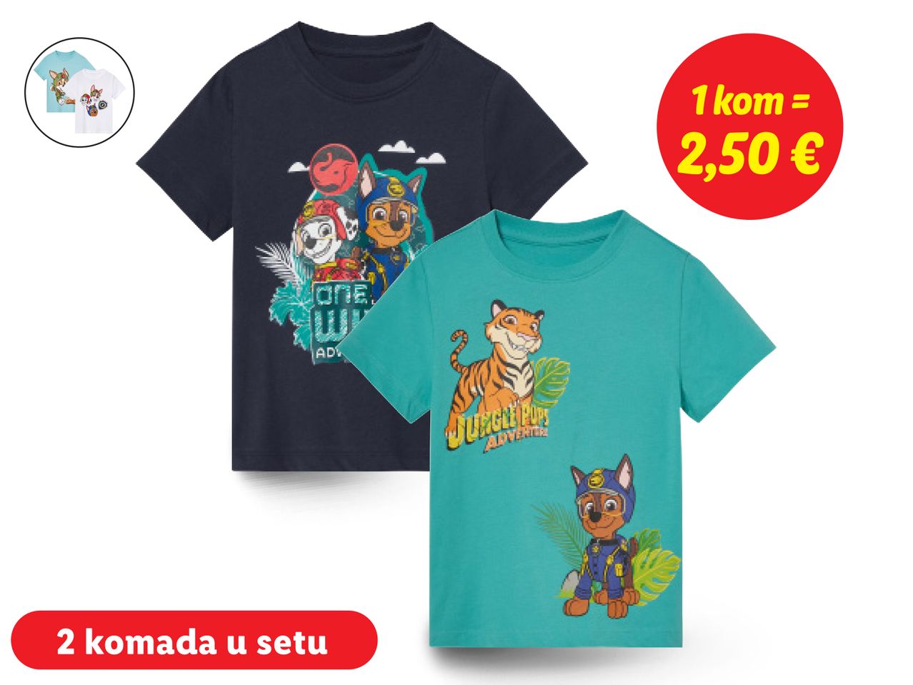 Dječje majice s printom životinja u paketu od 2 komada za 2,50 €.