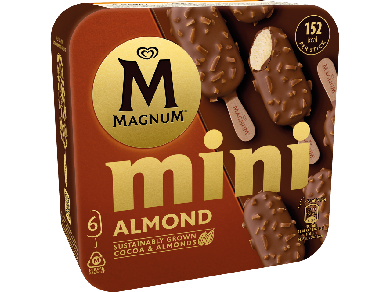 Magnum Mini Almond glassförpackning med sex chokladöverdragna glassar med mandelbitar.