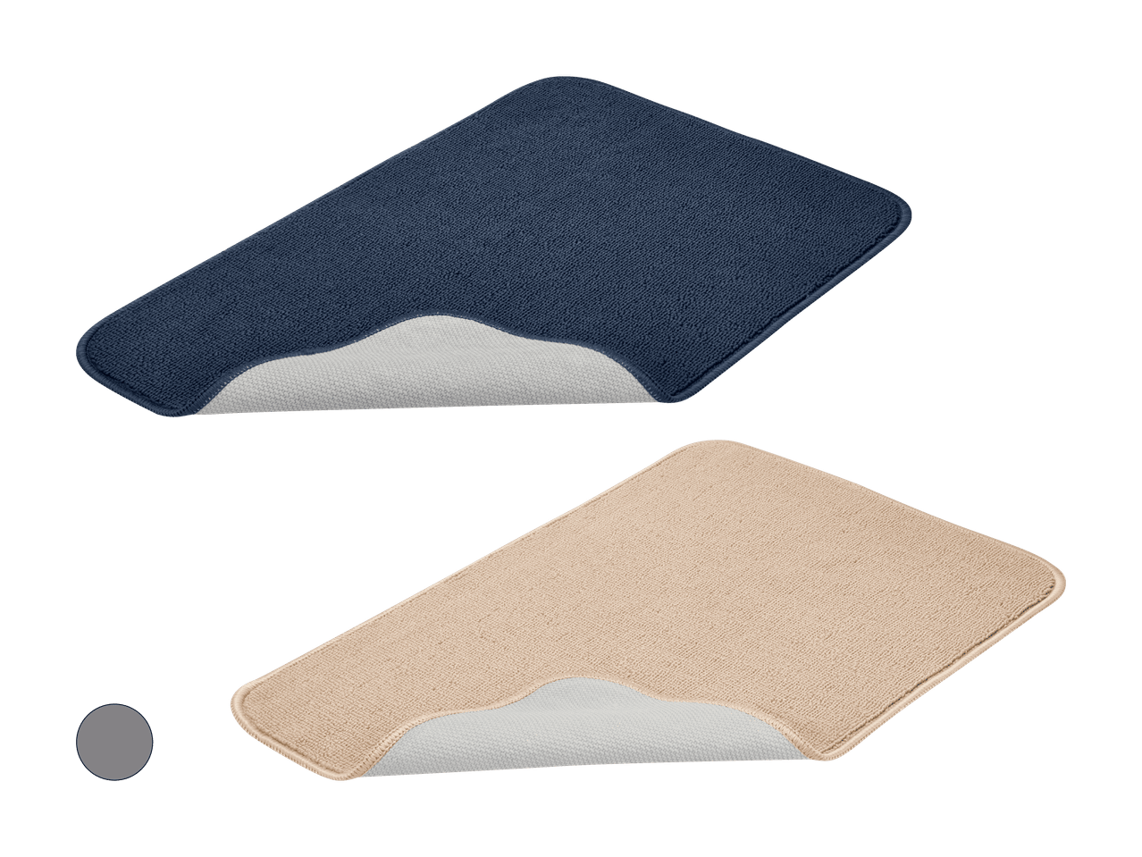 Tapis de bain bleus et beiges avec envers antidérapant.