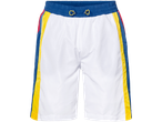 Shorts brancos com listras laterais azul-marinho, amarelas e vermelhas.