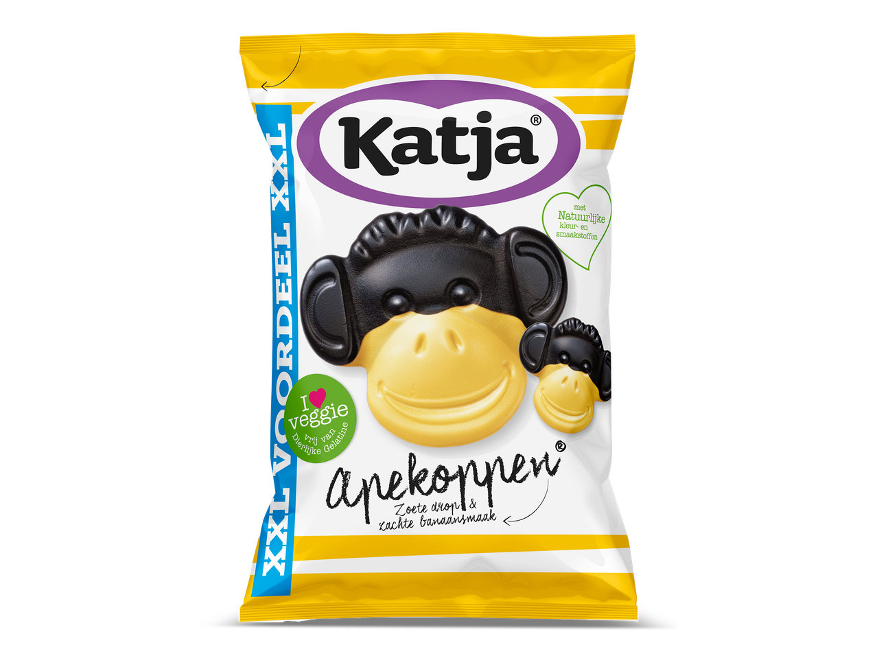 Verpakking met snoepjes in de vorm van apenkoppen, met de tekst 'I veggie' en 'Natuurlijke kleur- en smaakstoffen'.