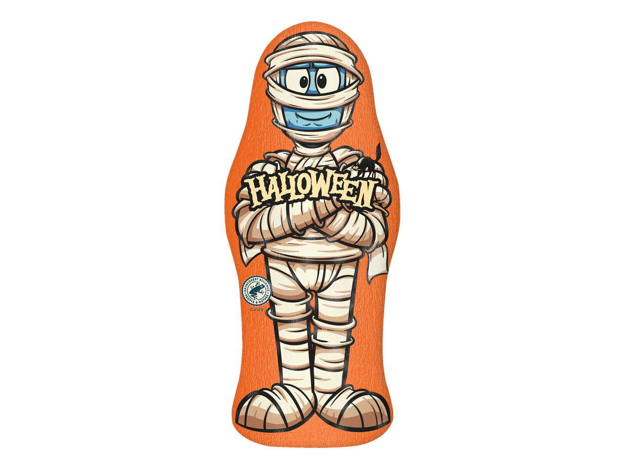Mummy chocolate figure with the word 'Halloween' and Rainforest Alliance logo