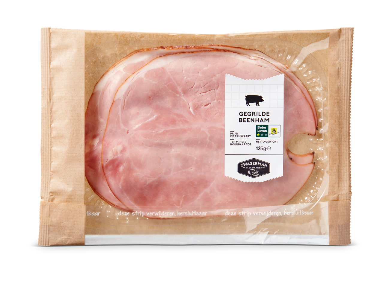 Verpakking gegrilde beenham (Gegrilde beenham) met etiket van 125g en 3-sterren 'Beter Leven' keurmerk.