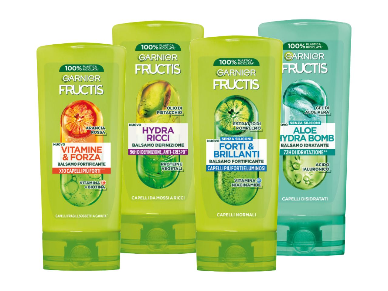 Quattro balsami Garnier Fructis per capelli, ognuno con ingredienti e benefici specifici.