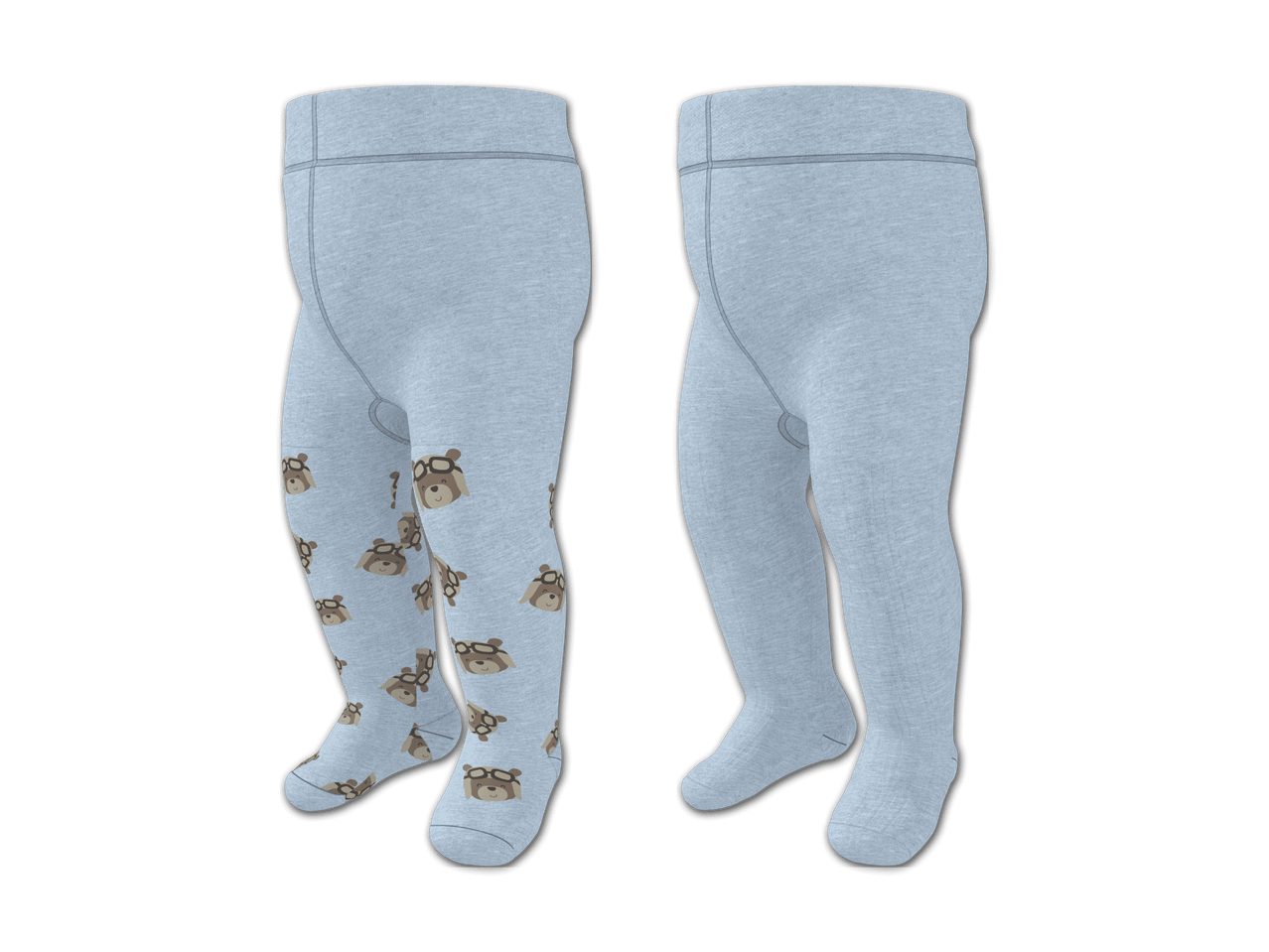 Baby-Strumpfhosen in Hellblau, eine mit Bärenmuster, die andere unifarben