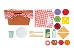 Toy picnic basket with checkered cloth, plates, cutlery, and play food items.