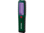 Lanternă de lucru verde Parkside cu lumină UV violetă și buton roșu de pornire.