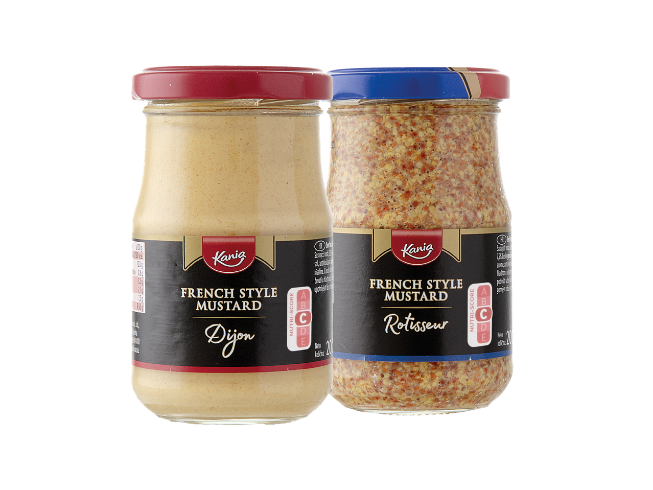 Dvije staklenke Kania francuskog senfa, Dijon i Rotisseur, s Nutri-Score oznakama.