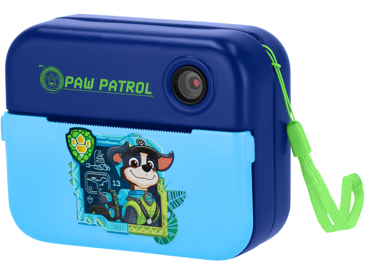 Máquina fotográfica azul da Patrulha Pata com imagem do Chase e alça verde.