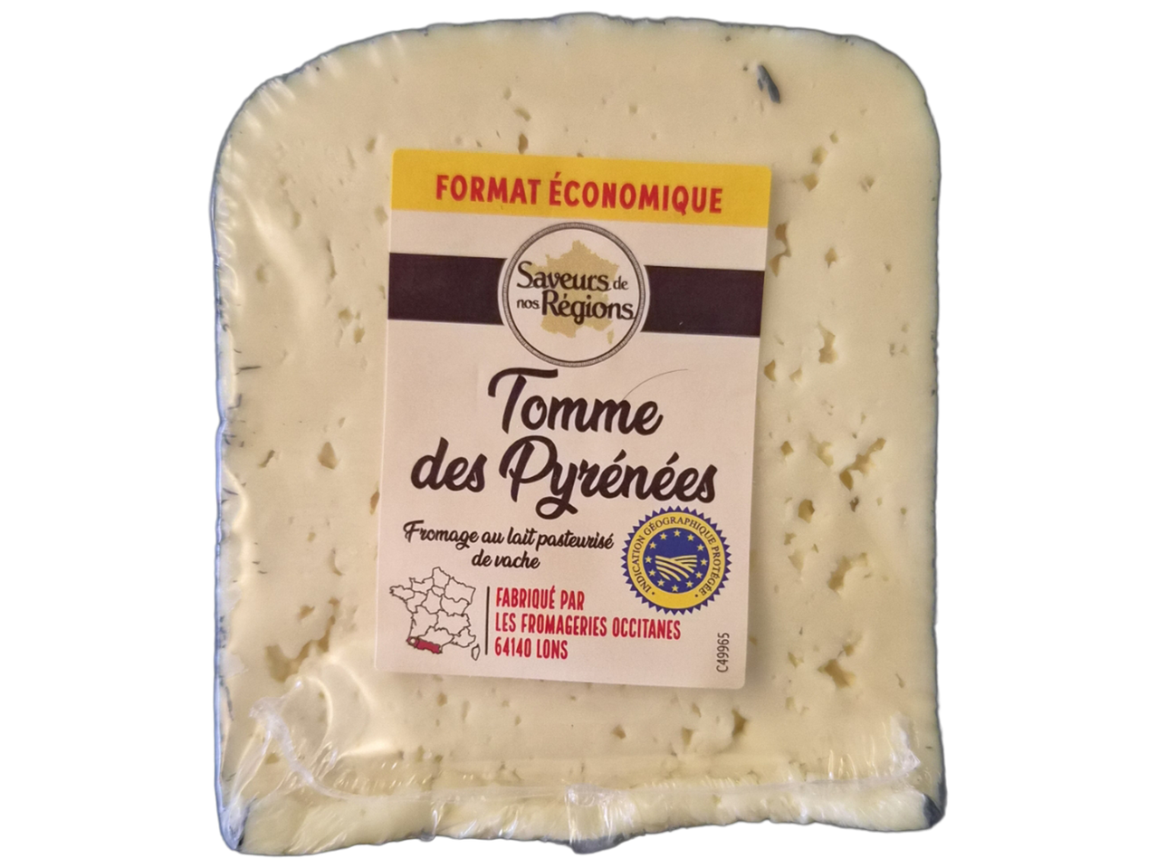 Fromage Tomme des Pyrénées au lait pasteurisé de vache, emballé sous vide.