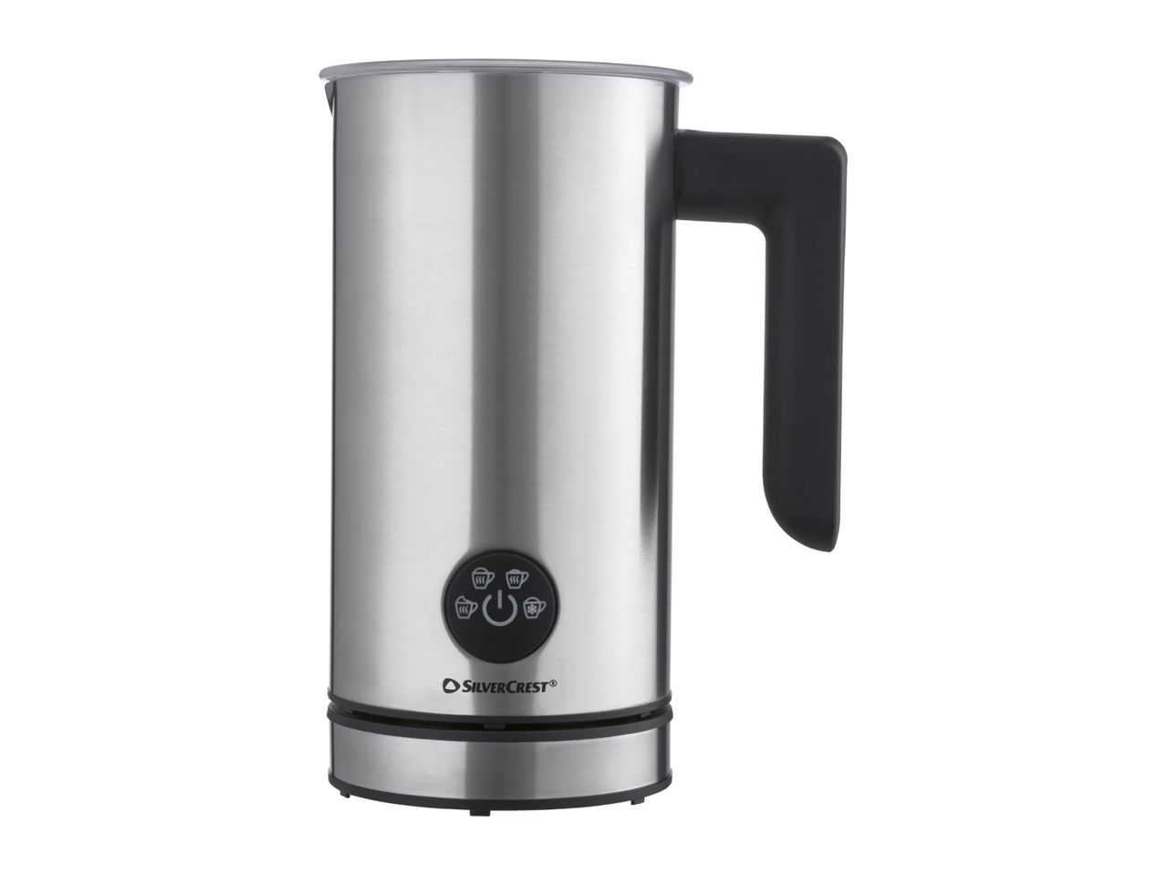 Stainless steel milk frother with black handle and control panel with various frothing options.