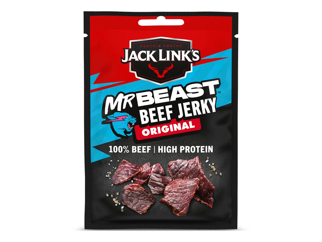Verpakking van rundvleesreepjes met de tekst 'MrBeast Beef Jerky Original', '100% Beef | High Protein'.