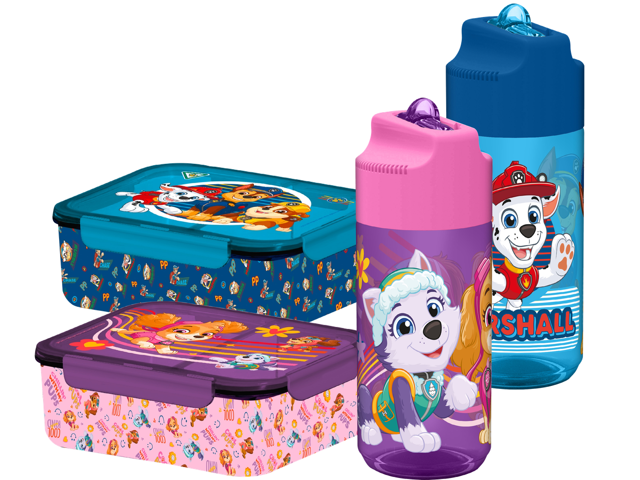 Paw Patrol-tema lunchlådor och vattenflaskor för barn.