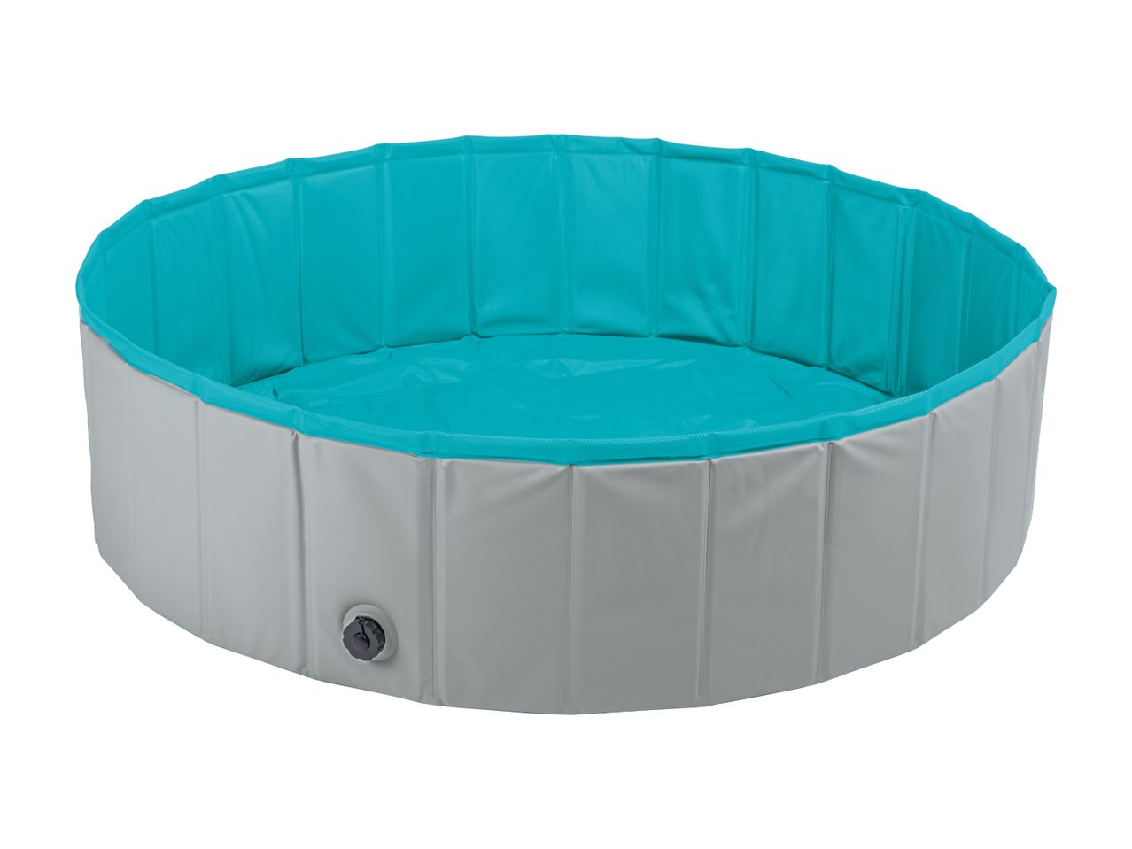 Foldable pet pool with a grey exterior and a vibrant turquoise interior, featuring a drain plug.