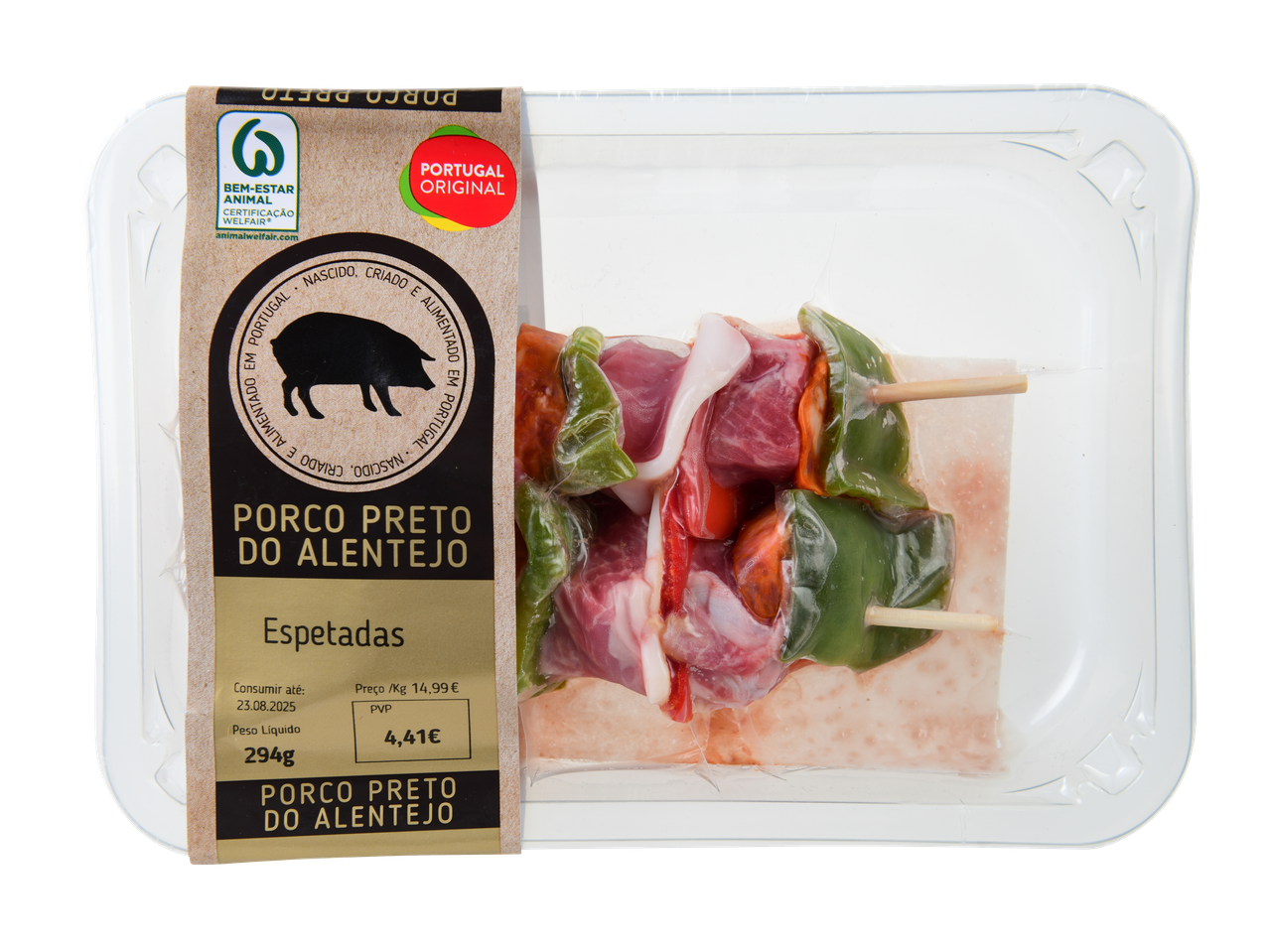 Espetadas de porco preto embaladas com pimentos e chouriço, preço 4,41€.