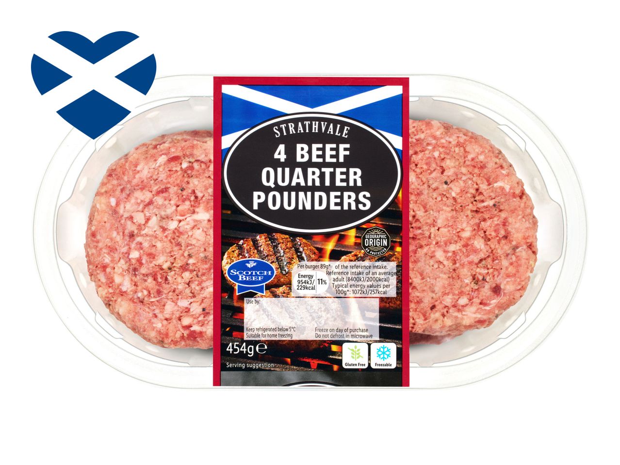 Strathvale 4 beef quarter pounders, Scotch Beef.