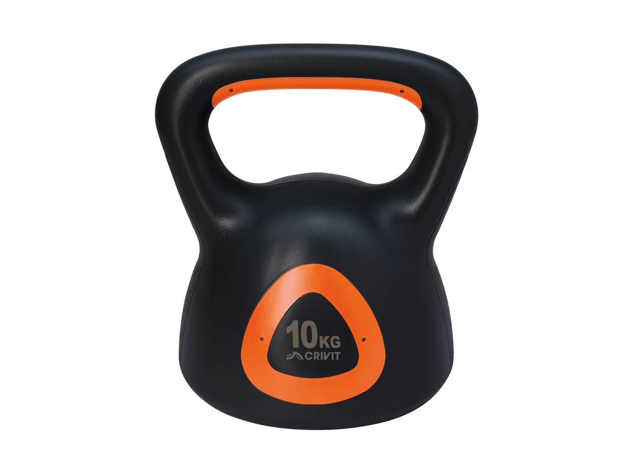 Sort kettlebell på 10 kg med orange håndtag og orange detalje.