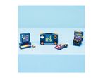 Three toy gaming consoles and two game cartridges made from building blocks on a blue surface.