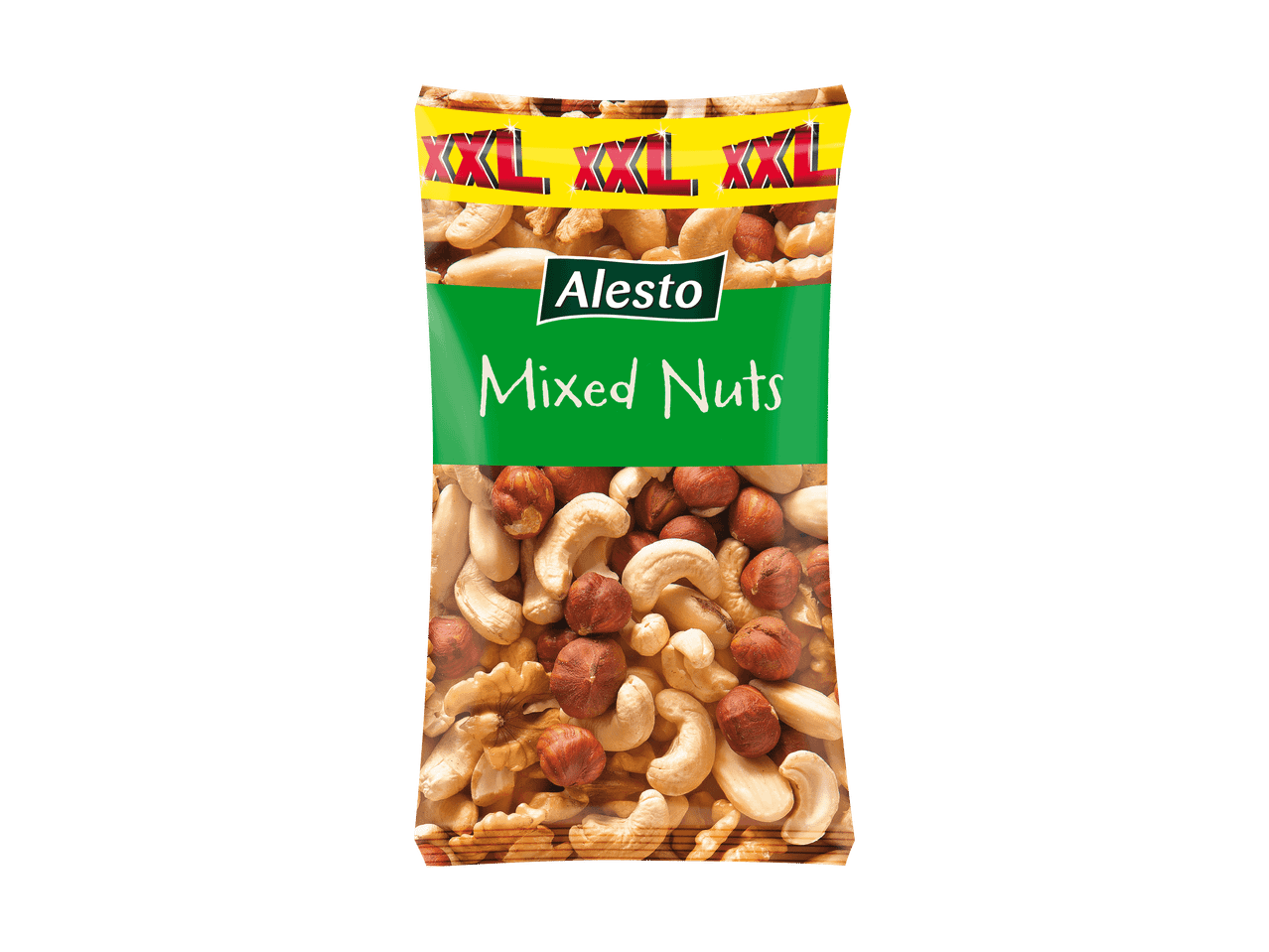 Paquet d'Alesto Mixed Nuts avec des noix de cajou, des noisettes et des noix.