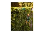 Person trimming a tall hedge with a long-reach hedge trimmer, wearing safety gear.