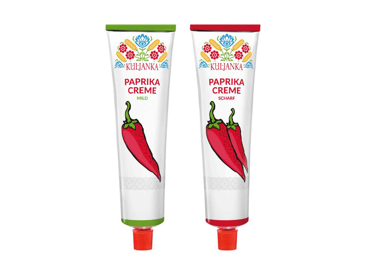 Zwei Tuben Paprikacreme, eine mild (grün) und eine scharf (rot), mit folkloristischem Design.