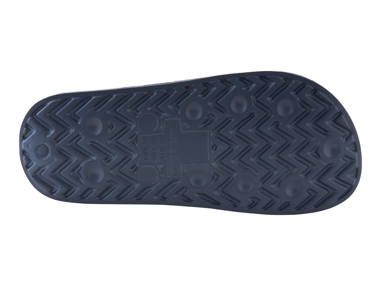 Bottom of a dark blue slipper with a zig-zag pattern and size information.
