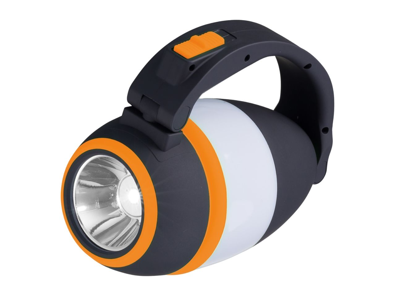 Black and orange camping lantern with a spotlight and a white diffused light band.