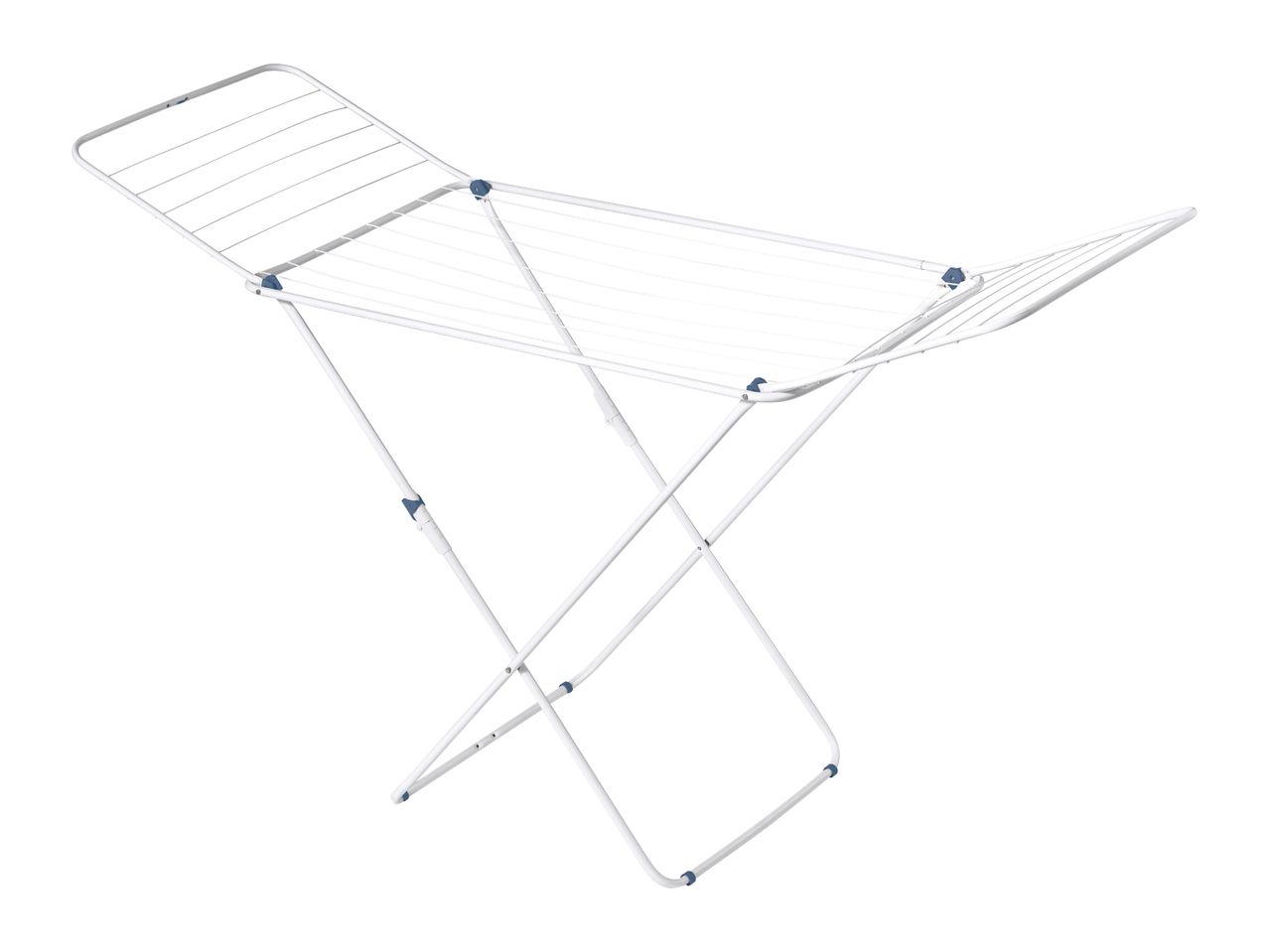 White clothes drying rack with blue accents, angled view.