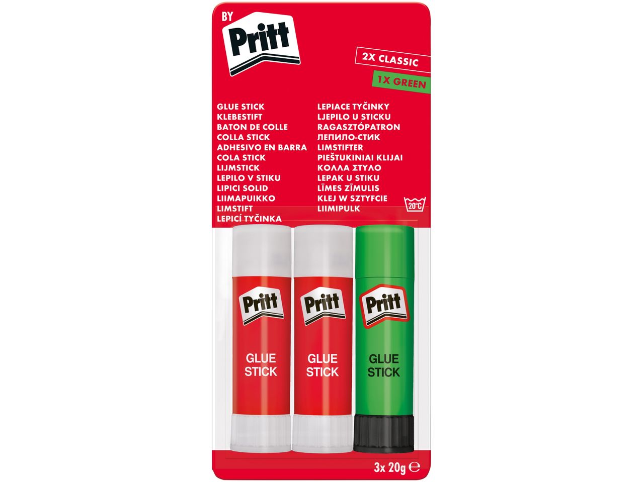 Pritt glue stick multipack with two classic and one green glue stick.