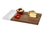 Marble and wood serving board with cheese, spread, and cherry tomatoes.